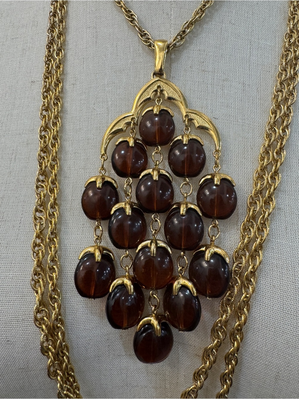 Vintage Crown Trifari Root Beer Beaded Waterfall 3 Strand Necklace - Picture 2 of 4